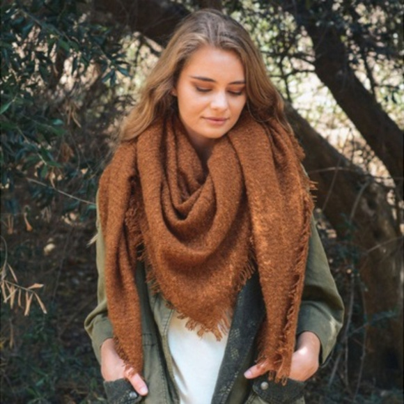 Accessories - Mohair Like Fluffy Frayed Square Blanket Scarf